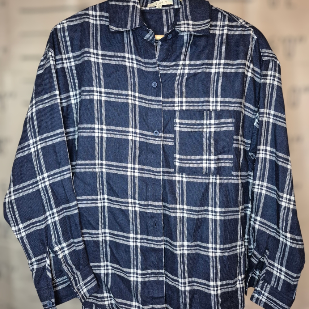 Z Supply Women's Dark Blue and White Plaid Shirt